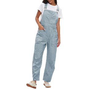 D-Sun Women's Striped Overall Casual Wide Leg Barrel Bib Overall Pants Adjustable Straps Romper Stretch Jumpsuits