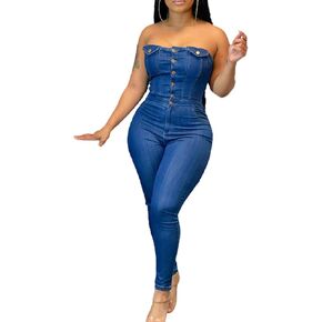 Sexyshine Women's Sexy Button Down Slim Fit Denim Jumpsuit Strapless Tube Top Sleeveless Full Length Jeans Rompers Overalls