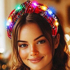 Latious Light Up Christmas Headbands Red Xmas Wide Knotted Headband LED Santa Hair Accessories for Women