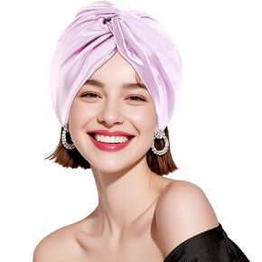 Silk Turbans for Women, Double Satin Lined Head Wrap with Elastic Band,Soft Pre Tied Knot Pleated Turban for Women,2 PCE (Champaign&Purple)