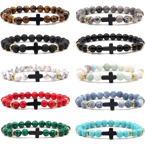 EVELICAL 5-10Pcs Bead Bracelet for Men Women Lava Rock Stone Cross Bracelet Elastic