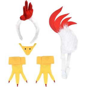 HODRME 5 Pieces Rooster Chicken Comb Headband and Tail Set-Fuzzy Rooster Headband with Tail Beak Nose Feet Cosplay Party Halloween Costume Accessories for Kids and Adults