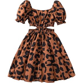 Floerns Girl's Leopard Print Square Neck A Line Dress Cut Out Puff Sleeve Short Dresses