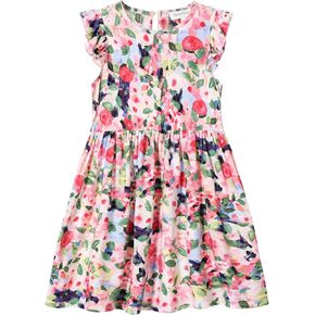 Girls Dress Flutter Ruffle Sleeve Boho Flower Floral Strawberry Sundress for Kids Casual Midi Dresses 3-10 Years