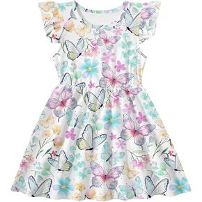 RAISEVERN Toddler Girls Dress Summer Ruffle Sleeve Sundress Swing Outfit for Kids 2-7T