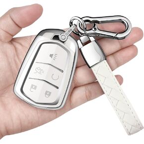 Sindeda for Cadillac Key Fob Cover with Keychain Soft Full Protection Key Shell Key Case Compatible with 2015-2019 Escalade, CTS, SRX, XT5, ATS, STS, and CT6 Smart Key (Silver, 6 Buttons)