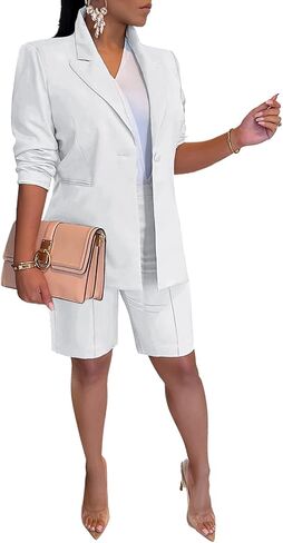 Famnbro Womens 2 Piece Blazer Outfits Lapels Open Front Suit Jacket and Bermuda Shorts Set in Kuwait