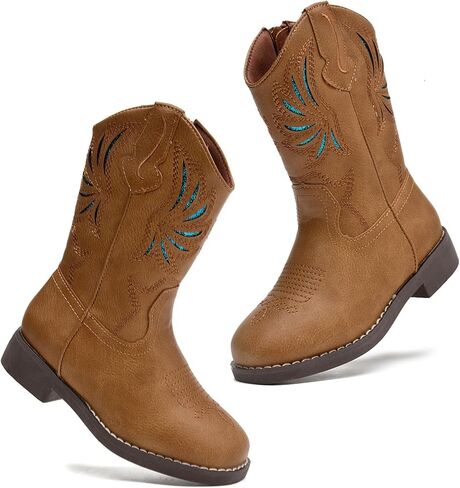 DADAWEN Kids Cowboy Boots for Boys Girls Glitter Embroidered Western Square Toe Cowgirl Boots Mid Calf Riding Shoes (Toddler/Little Kid/Big Kid) in Kuwait