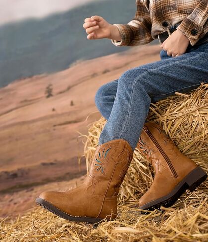 DADAWEN Kids Cowboy Boots for Boys Girls Glitter Embroidered Western Square Toe Cowgirl Boots Mid Calf Riding Shoes (Toddler/Little Kid/Big Kid) in Kuwait