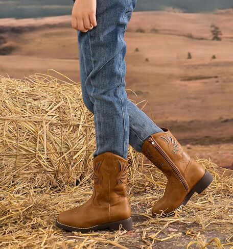 DADAWEN Kids Cowboy Boots for Boys Girls Glitter Embroidered Western Square Toe Cowgirl Boots Mid Calf Riding Shoes (Toddler/Little Kid/Big Kid) in Kuwait