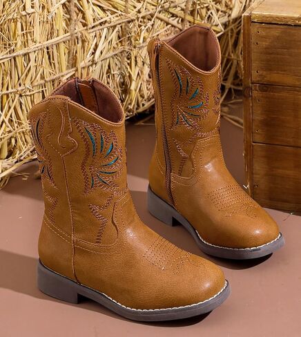 DADAWEN Kids Cowboy Boots for Boys Girls Glitter Embroidered Western Square Toe Cowgirl Boots Mid Calf Riding Shoes (Toddler/Little Kid/Big Kid) in Kuwait