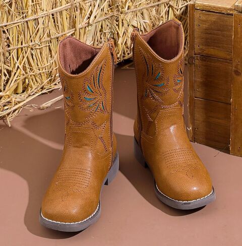 DADAWEN Kids Cowboy Boots for Boys Girls Glitter Embroidered Western Square Toe Cowgirl Boots Mid Calf Riding Shoes (Toddler/Little Kid/Big Kid) in Kuwait