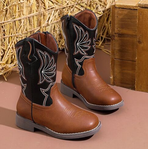 DADAWEN Kids Cowboy Boots for Boys Girls Glitter Embroidered Western Square Toe Cowgirl Boots Mid Calf Riding Shoes (Toddler/Little Kid/Big Kid) in Kuwait