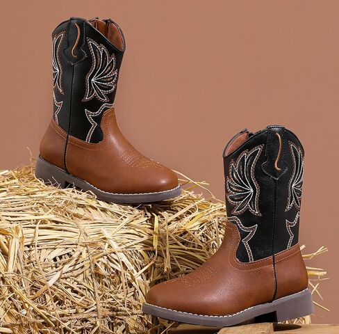 DADAWEN Kids Cowboy Boots for Boys Girls Glitter Embroidered Western Square Toe Cowgirl Boots Mid Calf Riding Shoes (Toddler/Little Kid/Big Kid) in Kuwait
