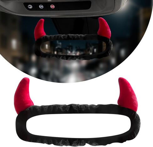 غطاء مرآة الرؤية الخلفية للسيارة مع قرون الشيطان - واقي مرآة الرؤية الخلفية من القطيفة السوداء مع قرون حمراء للديكور الداخلي للسيارات in Kuwait