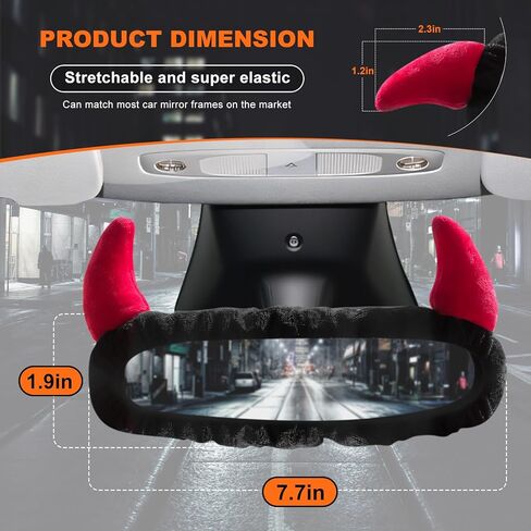 غطاء مرآة الرؤية الخلفية للسيارة مع قرون الشيطان - واقي مرآة الرؤية الخلفية من القطيفة السوداء مع قرون حمراء للديكور الداخلي للسيارات in Kuwait