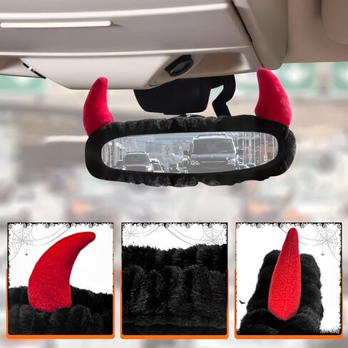 غطاء مرآة الرؤية الخلفية للسيارة مع قرون الشيطان - واقي مرآة الرؤية الخلفية من القطيفة السوداء مع قرون حمراء للديكور الداخلي للسيارات in Kuwait