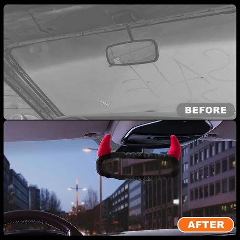 غطاء مرآة الرؤية الخلفية للسيارة مع قرون الشيطان - واقي مرآة الرؤية الخلفية من القطيفة السوداء مع قرون حمراء للديكور الداخلي للسيارات in Kuwait