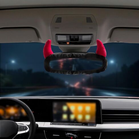 غطاء مرآة الرؤية الخلفية للسيارة مع قرون الشيطان - واقي مرآة الرؤية الخلفية من القطيفة السوداء مع قرون حمراء للديكور الداخلي للسيارات in Kuwait