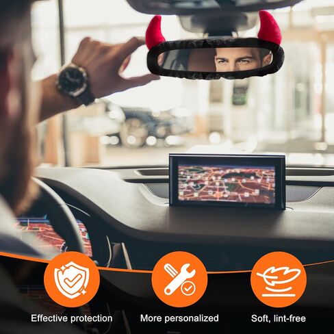 غطاء مرآة الرؤية الخلفية للسيارة مع قرون الشيطان - واقي مرآة الرؤية الخلفية من القطيفة السوداء مع قرون حمراء للديكور الداخلي للسيارات in Kuwait