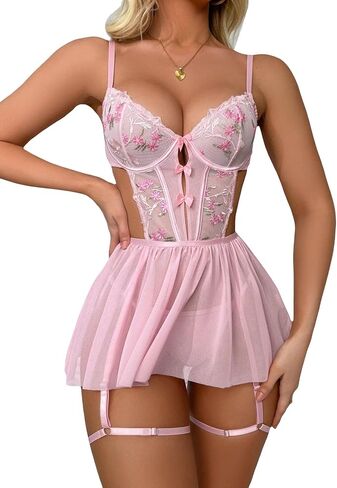 WDIRARA Women's Floral Embroidery Mesh Split Cut Out Babydoll Lingerie Slip Dress in Saudi Arabia