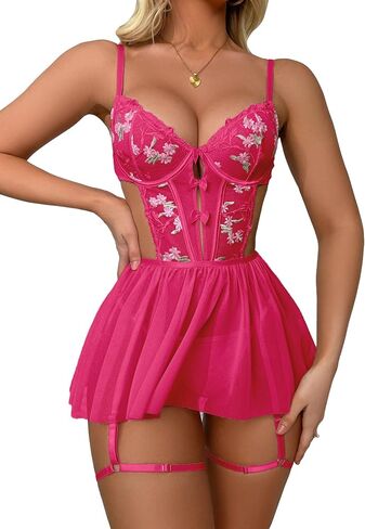 فستان WDIRARA نسائي شبكي مطرز بالزهور ومقطع من بيبي دول ملابس داخلية سهلة الارتداء in Kuwait