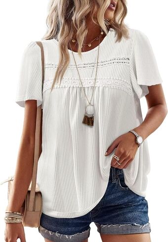 Womens Summer Tops Crewneck Short Sleeve Shirts Casual Chiffon Striped Ribbed Blouses Flowy Hem Boho Clothing Trendy in Kuwait