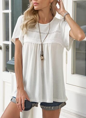 Womens Summer Tops Crewneck Short Sleeve Shirts Casual Chiffon Striped Ribbed Blouses Flowy Hem Boho Clothing Trendy in Kuwait