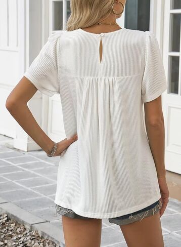 Womens Summer Tops Crewneck Short Sleeve Shirts Casual Chiffon Striped Ribbed Blouses Flowy Hem Boho Clothing Trendy in Kuwait