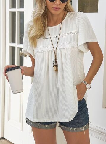 Womens Summer Tops Crewneck Short Sleeve Shirts Casual Chiffon Striped Ribbed Blouses Flowy Hem Boho Clothing Trendy in Kuwait