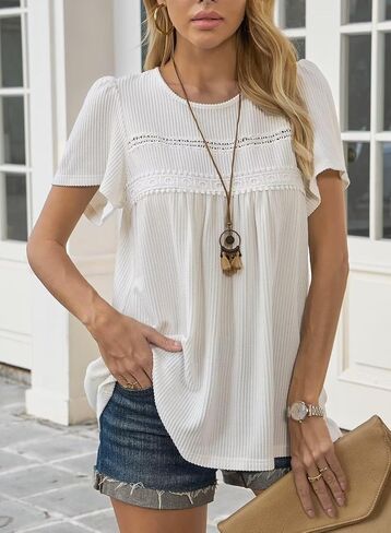 Womens Summer Tops Crewneck Short Sleeve Shirts Casual Chiffon Striped Ribbed Blouses Flowy Hem Boho Clothing Trendy in Kuwait