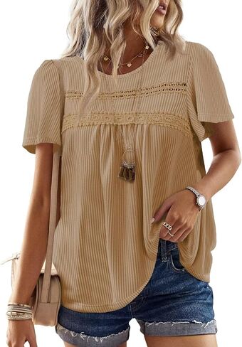 Womens Summer Tops Crewneck Short Sleeve Shirts Casual Chiffon Striped Ribbed Blouses Flowy Hem Boho Clothing Trendy in Kuwait