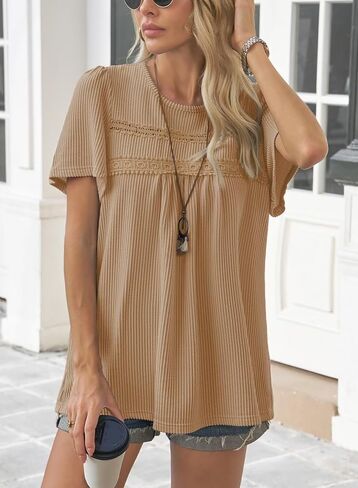 Womens Summer Tops Crewneck Short Sleeve Shirts Casual Chiffon Striped Ribbed Blouses Flowy Hem Boho Clothing Trendy in Kuwait