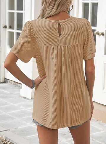 Womens Summer Tops Crewneck Short Sleeve Shirts Casual Chiffon Striped Ribbed Blouses Flowy Hem Boho Clothing Trendy in Kuwait