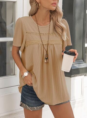 Womens Summer Tops Crewneck Short Sleeve Shirts Casual Chiffon Striped Ribbed Blouses Flowy Hem Boho Clothing Trendy in Kuwait