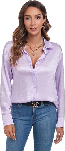 Atnlewhi Women's Long Sleeve Button Down Satin Silk Texture Shirts Casual Business Smooth Blouse Tops in Kuwait