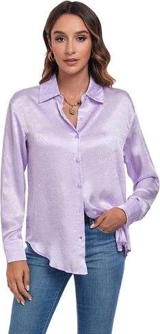 Atnlewhi Women's Long Sleeve Button Down Satin Silk Texture Shirts Casual Business Smooth Blouse Tops in Kuwait