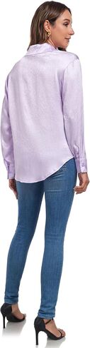 Atnlewhi Women's Long Sleeve Button Down Satin Silk Texture Shirts Casual Business Smooth Blouse Tops in Kuwait