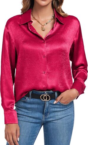 Atnlewhi Women's Long Sleeve Button Down Satin Silk Texture Shirts Casual Business Smooth Blouse Tops in Kuwait