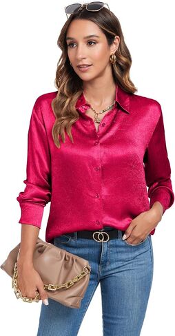 Atnlewhi Women's Long Sleeve Button Down Satin Silk Texture Shirts Casual Business Smooth Blouse Tops in Kuwait