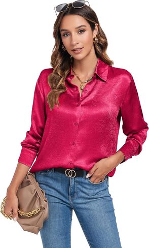 Atnlewhi Women's Long Sleeve Button Down Satin Silk Texture Shirts Casual Business Smooth Blouse Tops in Kuwait