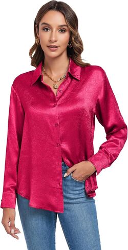Atnlewhi Women's Long Sleeve Button Down Satin Silk Texture Shirts Casual Business Smooth Blouse Tops in Kuwait