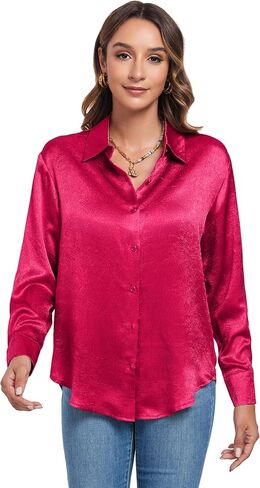 Atnlewhi Women's Long Sleeve Button Down Satin Silk Texture Shirts Casual Business Smooth Blouse Tops in Kuwait