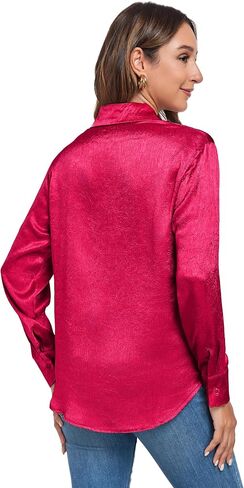 Atnlewhi Women's Long Sleeve Button Down Satin Silk Texture Shirts Casual Business Smooth Blouse Tops in Kuwait