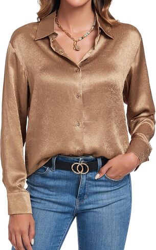 قمصان نسائية من Atnlewhi بأكمام طويلة وأزرار سفلية من الحرير الساتان، بلوزة علوية ناعمة للأعمال غير رسمية in Kuwait