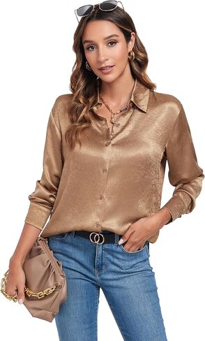 قمصان نسائية من Atnlewhi بأكمام طويلة وأزرار سفلية من الحرير الساتان، بلوزة علوية ناعمة للأعمال غير رسمية in Kuwait