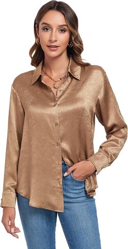 قمصان نسائية من Atnlewhi بأكمام طويلة وأزرار سفلية من الحرير الساتان، بلوزة علوية ناعمة للأعمال غير رسمية in Kuwait