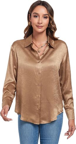 قمصان نسائية من Atnlewhi بأكمام طويلة وأزرار سفلية من الحرير الساتان، بلوزة علوية ناعمة للأعمال غير رسمية in Kuwait