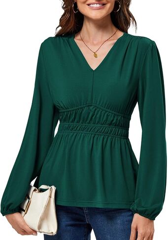 JASAMBAC Women's Elegant V Neck Peplum Tops Shirred Elastic Waist Long Sleeve Shirts Wrap Casual Business Work Blouses in Saudi Arabia