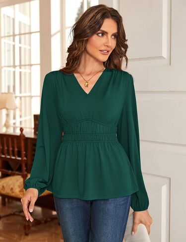 JASAMBAC Women's Elegant V Neck Peplum Tops Shirred Elastic Waist Long Sleeve Shirts Wrap Casual Business Work Blouses in Saudi Arabia